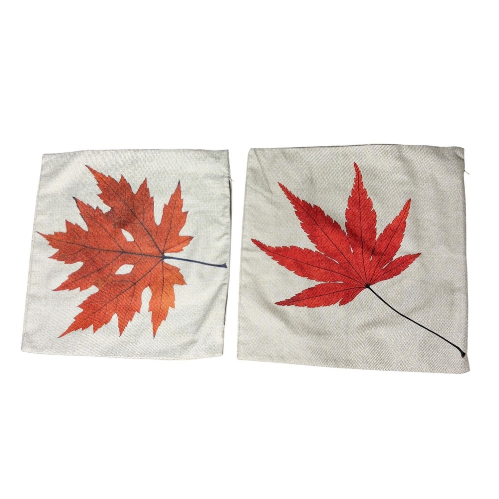 Set of 2 Autumn Maple Leaf Throw Pillow Covers 18x18 Fall Decor Linen Textured